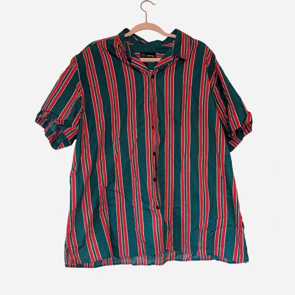 Original Use red, white, and teal vertical striped button-up shirt in XXL